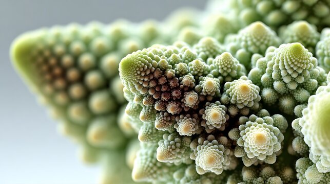 Close-up of a Romanesco broccoli, a fractal vegetable. Its green spirals repeat at every scale. Each floret shows perfect mathematical order. Natural geometry displays beauty in nature