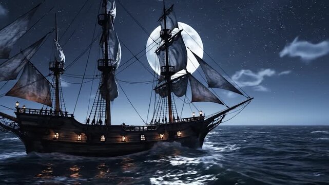 A majestic sailing vessel navigates the ocean under a full moon