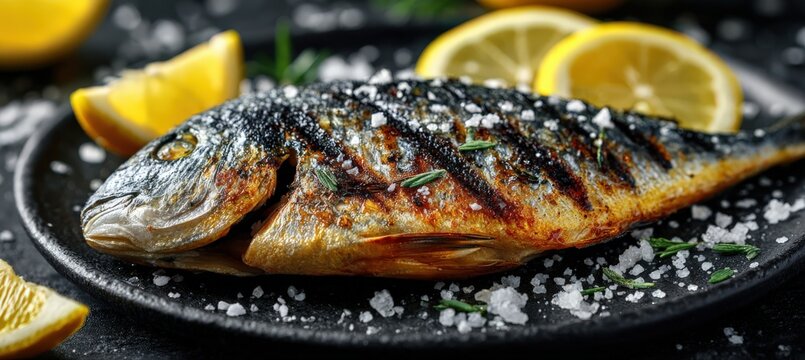Grilled sea bream fish garnished with lemon slices and salt on a black plate, showcasing vibrant colors and textures in a culinary presentation