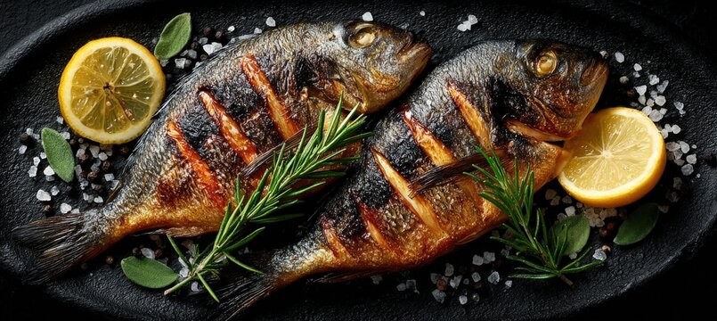 Grilled sea bream fish garnished with lemon slices and fresh herbs on a black plate, showcasing a delicious seafood dish ready for serving