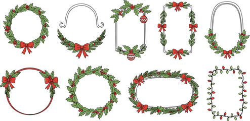 Set of 9 Christmas Wreath Frame Illustrations with Bows, Holly, and Ornaments for Holiday, Seasonal, and Festive Designs © Sanjida Creative