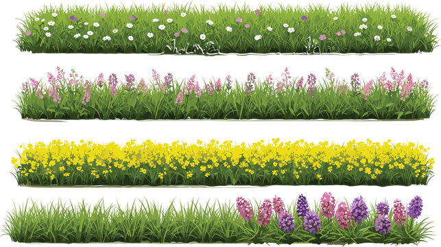 Seamless green grass borders with colorful wildflowers decorative garden hedges vector set isolated on white background for landscaping design projects