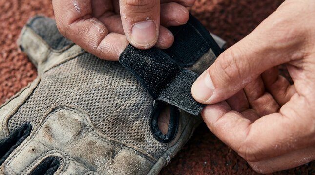 Top-Down Macro of Fingers Adjusting the Velcro Strap on a Sprinting Glove