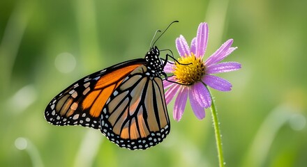 Fototapeta premium Monarch butterfly perched on a delicate pink flower with soft green blurred background in a sunny spring garden setting