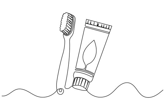 Toothbrush and toothpaste tube continuous one line art drawing on white background