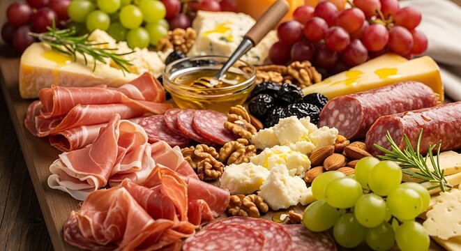 Gourmet charcuterie board with assorted cheeses cured meats fresh grapes walnuts and honey on a rustic wooden serving tray