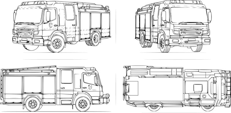 Collection of Detailed Line Drawings Showcasing Fire Engine Trucks from Various Angles