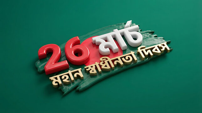 26th March Bangladesh Independence Day 3D Text with Bengali Script on Green Background