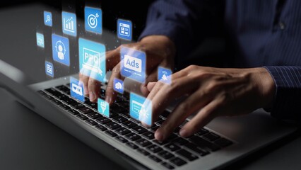 Obraz premium Concept of marketing online strategy using digital marketing, PPC campaigns, social media ads, and SEO analytics. Marketing online improves visibility, digital marketing drives engagement. Funnel