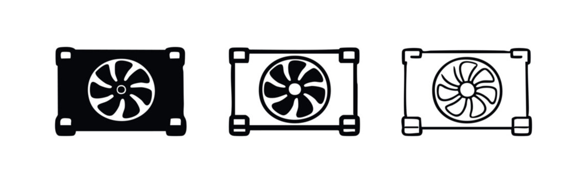 Computer cooling fan or power supply unit (PSU) icon set for hardware and electronics.