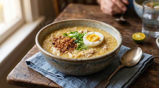 Chicken arroz caldo in a bowl garnished with egg and scallions  