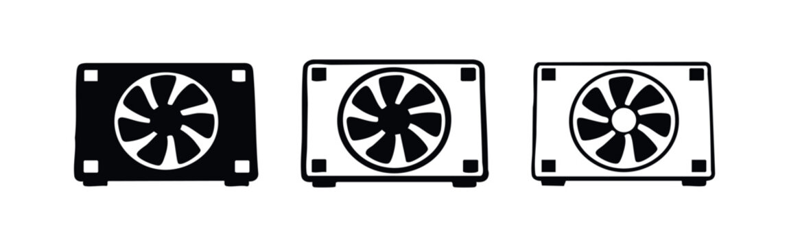 Computer cooling fan or PSU device icon set for electronic components and hardware.