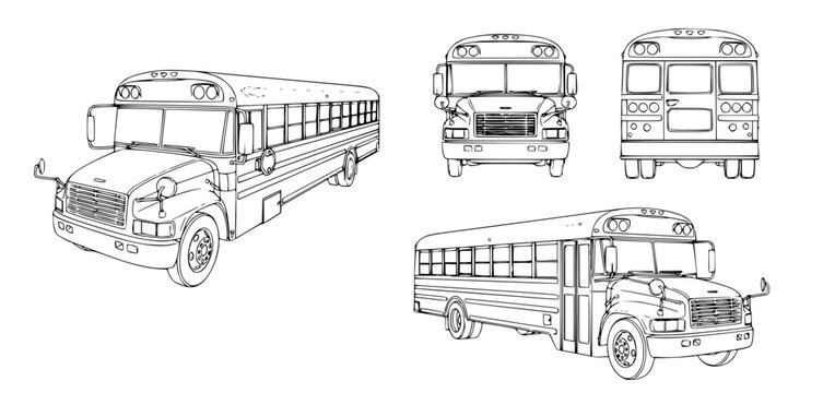 Set of schematic drawings of a school bus presented from different angles, showcasing its structure and design