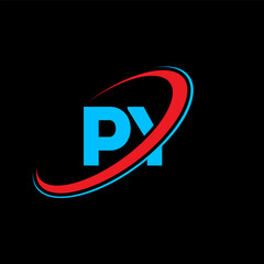 Fototapeta premium PY letter logo featuring a stylish red and blue swoosh arc. Contemporary vector graphic designed for creative agencies, youth brands, and innovative tech companies looking for a unique identity.