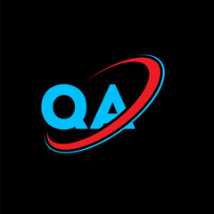 Premium QA initial logo featuring bold cyan letters wrapped in a red and blue planetary ring style swoosh icon designed for high end technology and professional business brand identities © mamun25g