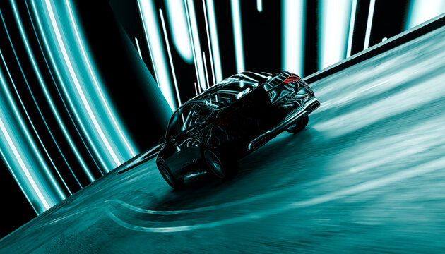 Futuristic black racing car speeding on digital track