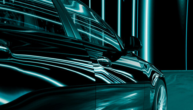 Black car reflecting teal neon lights in a futuristic tunnel