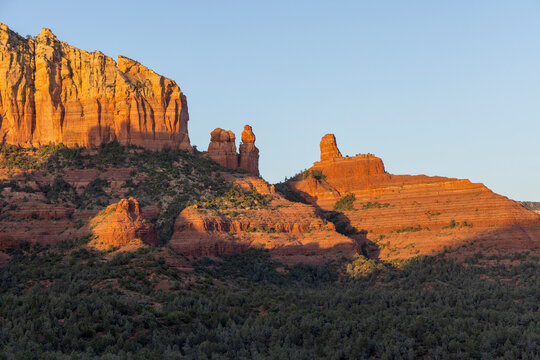 Red rock formations in sunset light landscape
