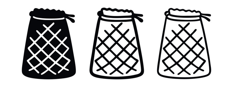 Drawstring mesh bag icons set, perfect for eco-friendly shopping, produce, or reusable storage concepts.