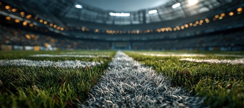 American football field with white yard lines and green grass in a stadium, illuminated by overhead lights, showcasing a vibrant sports environment