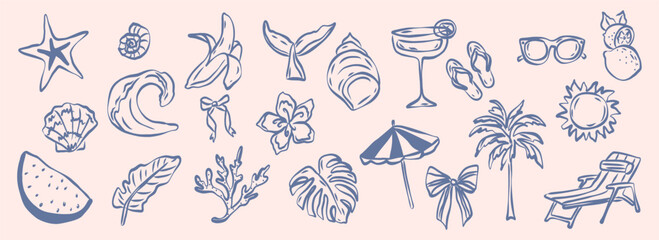 Doodle coastal vacation elements. Blue tropical icons collection © Maria