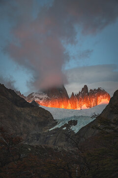 first lights over the base of fitz roy mountain