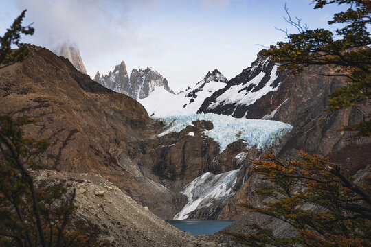 first lights over the base of fitz roy mountain