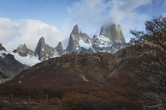 first lights over the base of fitz roy mountain