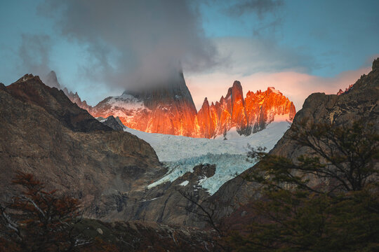 first lights over the base of fitz roy mountain