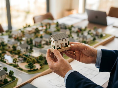 Close-up of hands holding house model over finished house model background, real estate investment concept. real estate, land development, housing project, construction site, property investment