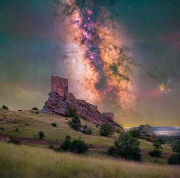 Milky Way and Galactic Center Over Zafra Medieval Castle at Night
