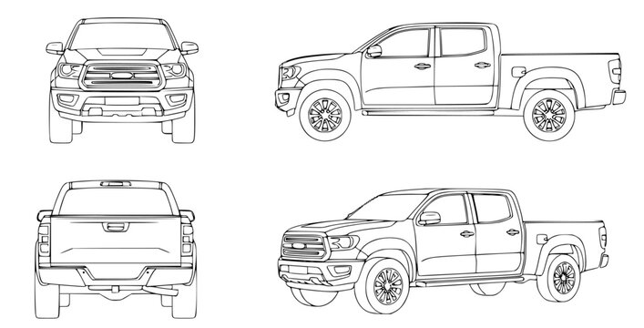 Comprehensive line art blueprint of a modern off-road pickup truck design, featuring multiple detailed engineering views for automotive concept development and vehicle manufacturing planning