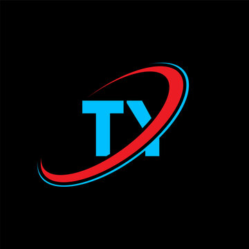 Ty logo in blue with red and blue abstract swoosh shape isolated on black background. Modern ty logo design concept.