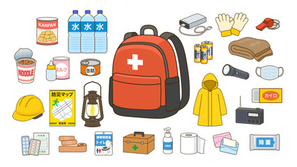 Naklejka na ściany i meble 防災リュックと防災グッズセット 非常持ち出し袋の中身 災害対策イラスト