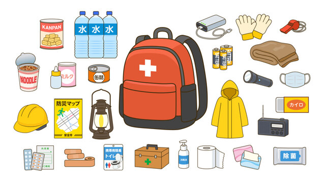 防災リュックと防災グッズセット 非常持ち出し袋の中身 災害対策イラスト