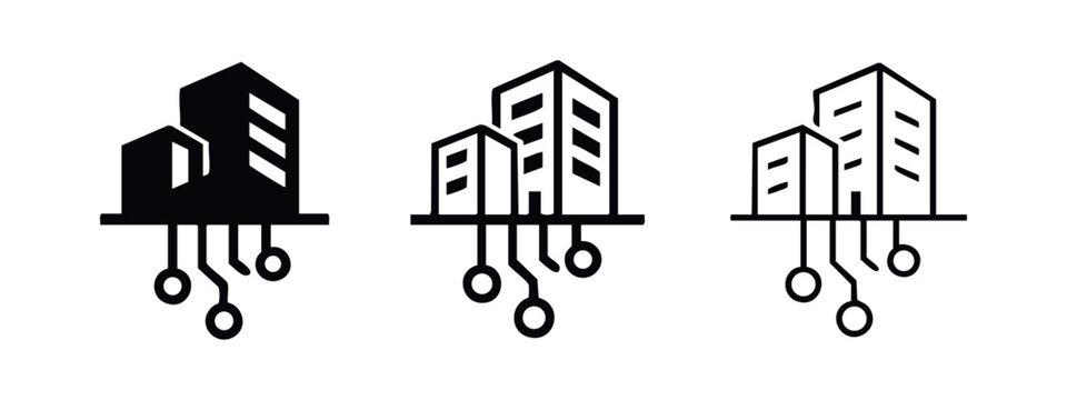 Connected real estate icon, symbolizing smart buildings and digital urban infrastructure with advanced technology.