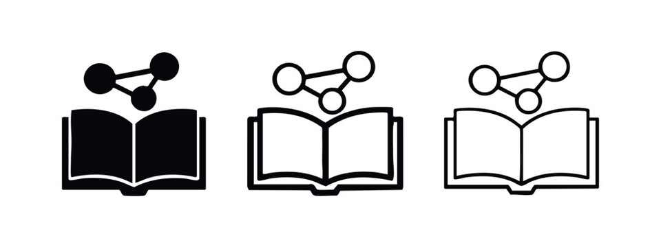 Knowledge sharing and learning network icon set with open book and connection symbol in various styles.