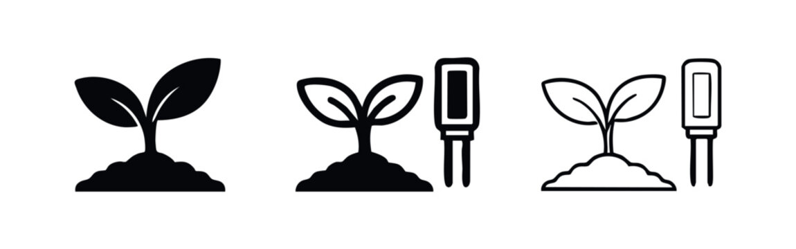 Plant sprout with soil ph meter icon set, symbolizing agriculture, plant care, and soil analysis.