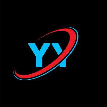 YY initials monogram logo. Blue letters YY with red and blue abstract oval shape element. Modern graphic design on black.