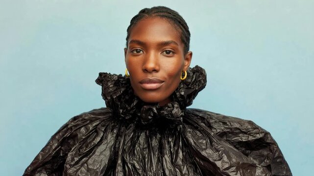 Confident woman in textured garbage bag outfit posing in studio capturing fashion identity individuality and bold artistic expression with minimal background and strong visual presence