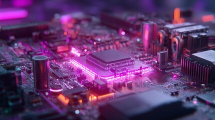 Fototapeta premium 複雑な回路と中央のプロセッサが発光するマザーボードの近接図