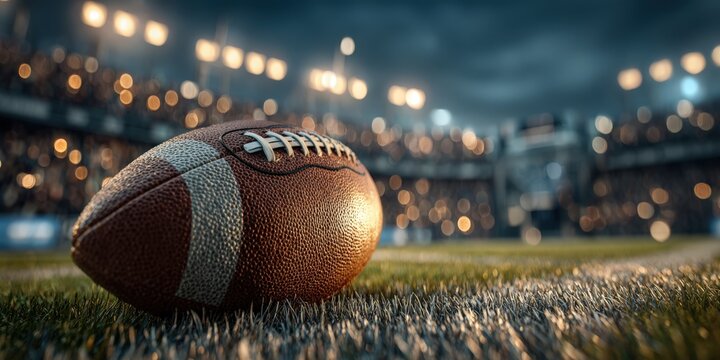 Close-up of a brown leather American football resting on the green turf of a stadium field, with blurred crowd and stadium lights in the background