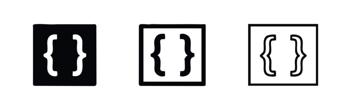 Hand-Drawn and Clean Curly Brackets Icons: Code Syntax Symbols in Square Frames