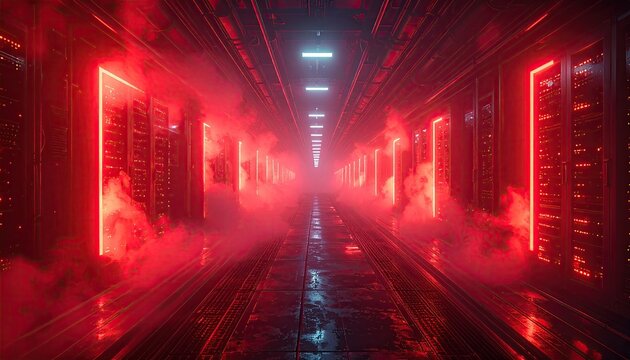 Server room with fog and red lights along the hallway