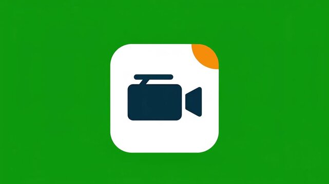 Simple video camera icon on a green background with a white square and orange accent.