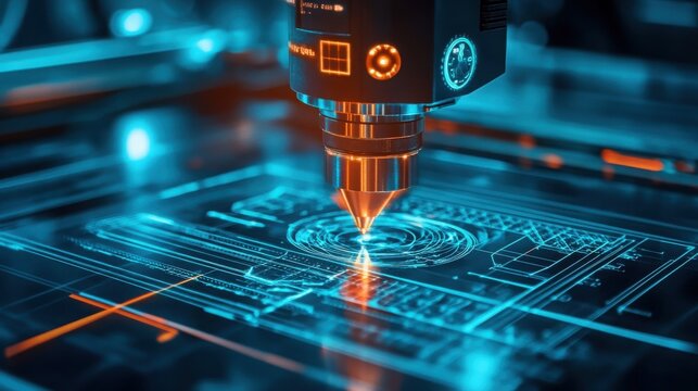 A 3D printer head is creating a futuristic design on a transparent background with vibrant blue and orange lights
