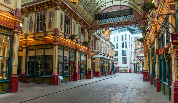 London, United Kingdom - January 1, 2019: The historic Victorian architecture of Leadenhall Market with cobblestone streets and luxury shop fronts in the City of London
