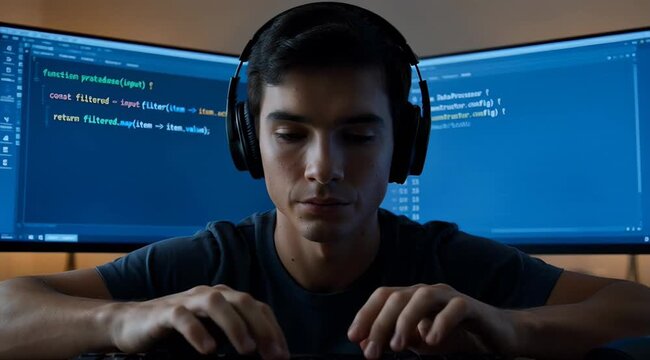 Young programmer coding on dual monitors, focused on software development, tech job, IT career