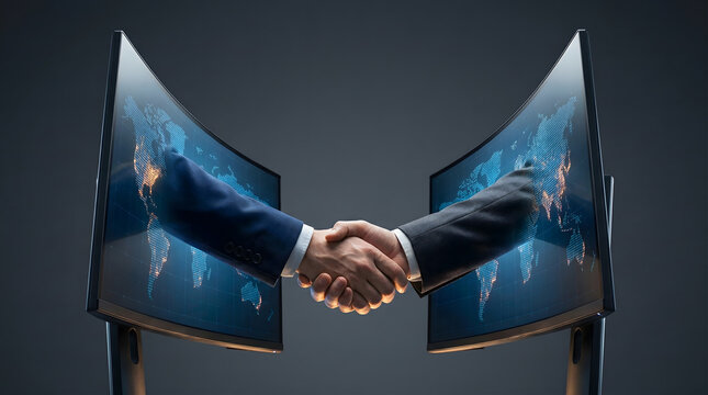 Business partnership handshake between two professionals in front of computer screens