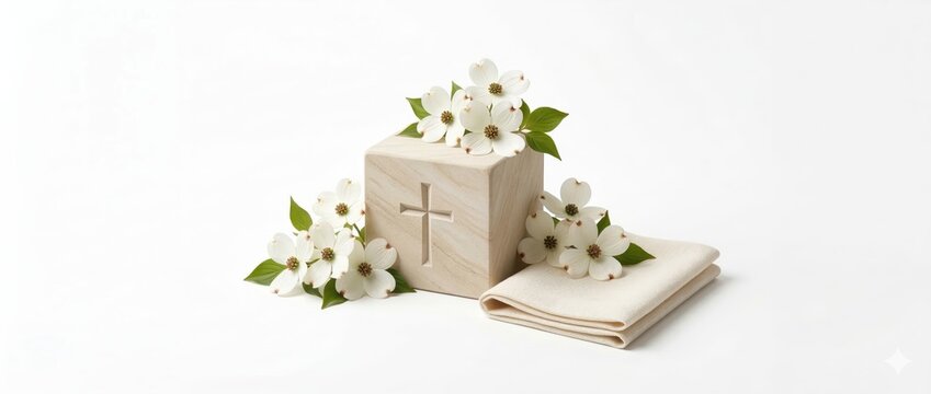 Carved limestone cornerstone block with dogwood blossoms and folded ivory linen isolated on white background